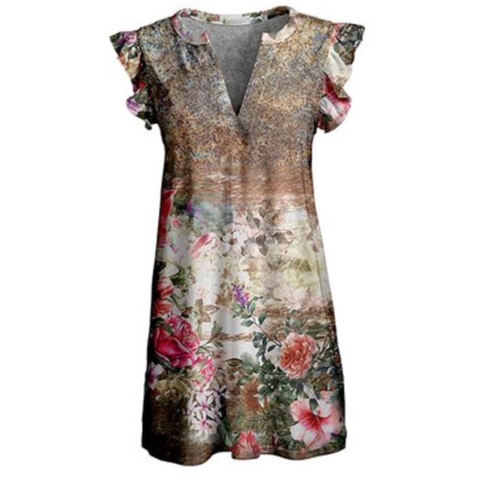 NWT Floral ruffle-sleeve notch neck tunic
